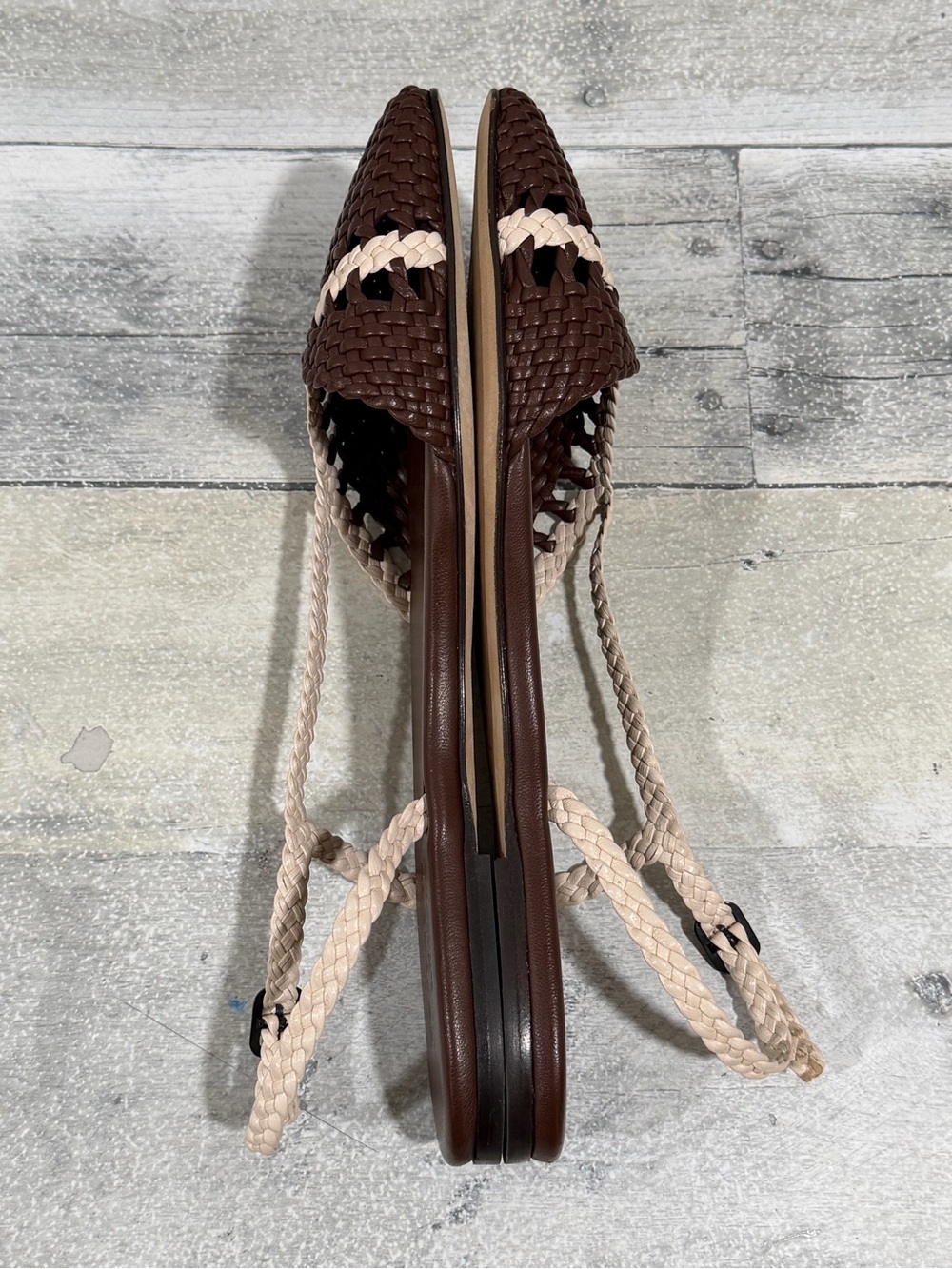 HEREU Rondaia Woven Leather Asymmetrical Sandals In Cocoa/Ivory Sz-8.US/38.EU - Picture 5 of 9